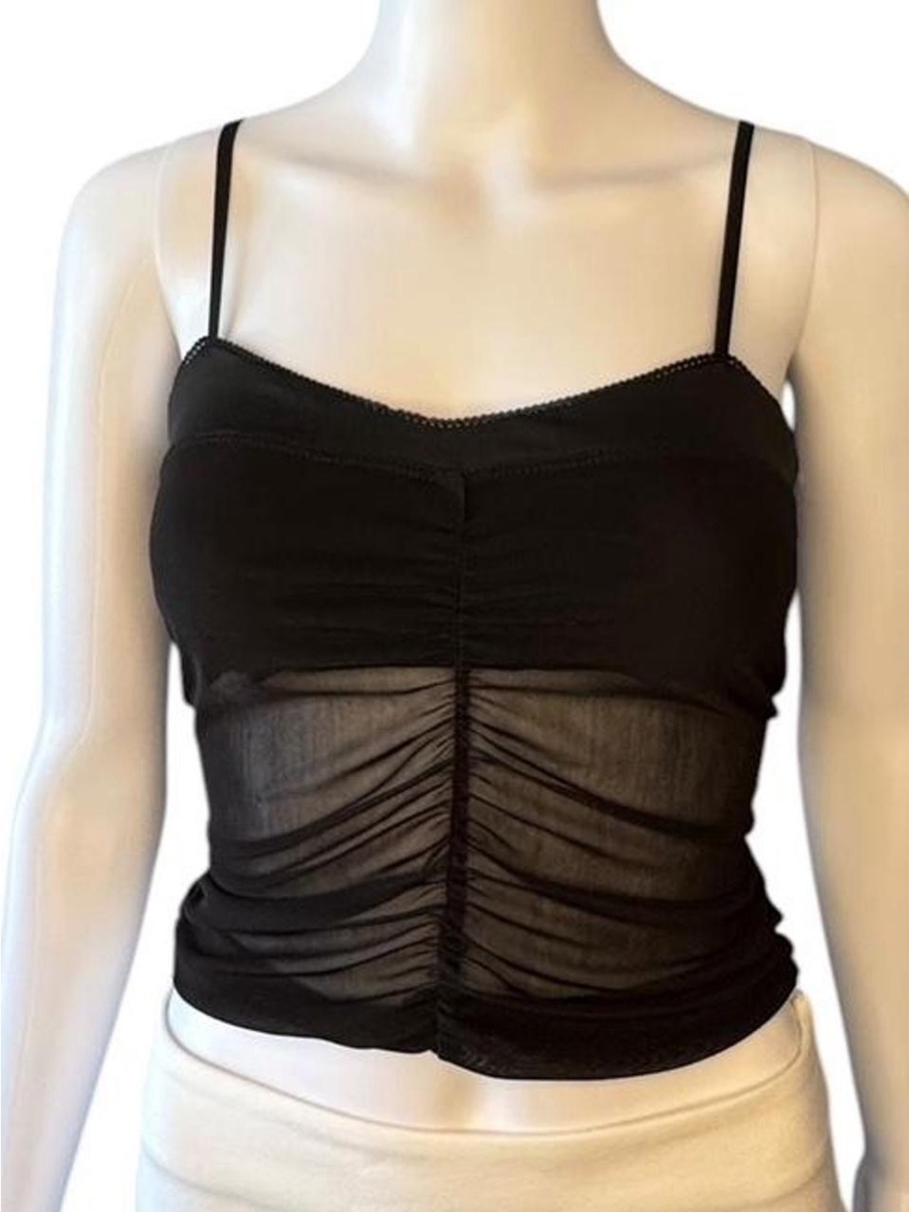 Seduce U-Plunge Mesh Cami Top Black Medium Y2K Ruched Adjustable